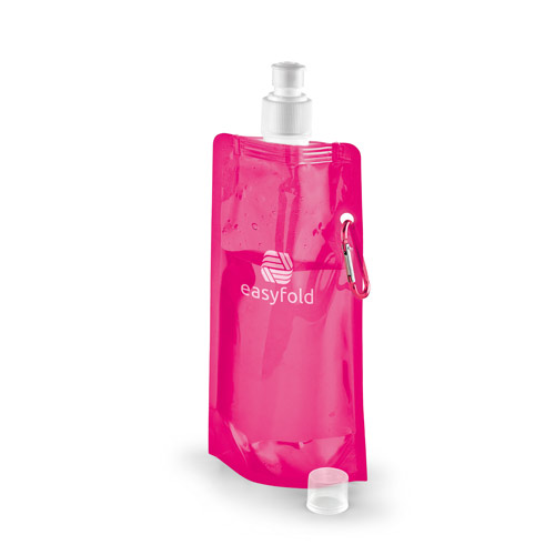 Botella plegable rosa Easyfold con tapón de rosca y mosquetón.