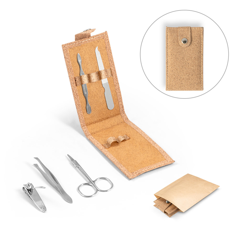 Set de manicura portátil en estuche de corcho con tijeras, pinzas, cortaúñas, lima y empujador de cutículas