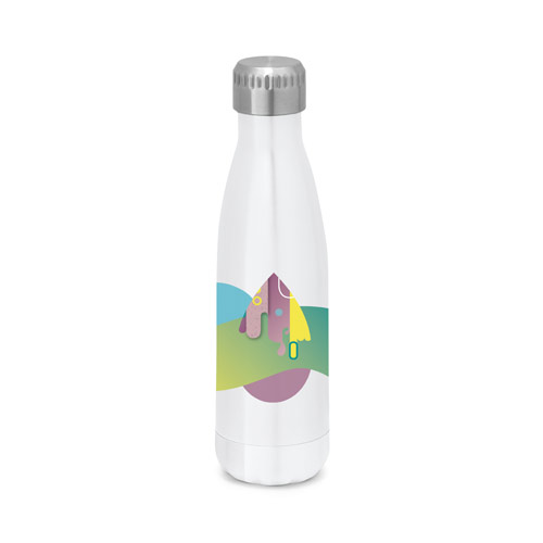 Botella isotérmica de acero blanco con diseño abstracto en tonos verdes, amarillos y morados.