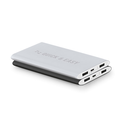dos baterías externas planas apiladas, una plateada con el texto Quick & Easy y otra negra, ambas con puertos USB y USB-C