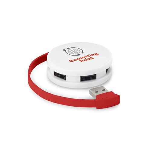 Hub USB redondo blanco con cuatro puertos y cable rojo, con el texto Connecting Point impreso.