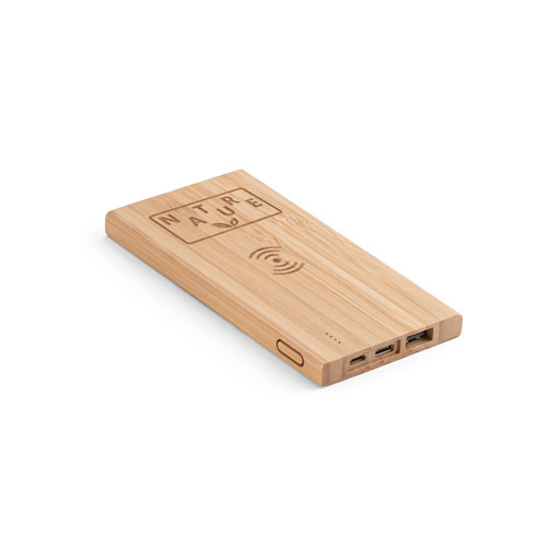 batería externa de bambú con función de carga inalámbrica, logo Nature y puertos USB