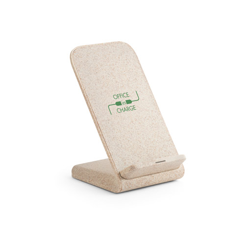 Soporte cargador inalámbrico beige con textura ecológica y texto Office in Charge