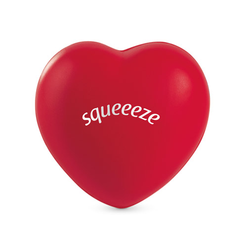 bolita antiestrés en forma de corazón rojo con la palabra squeeze