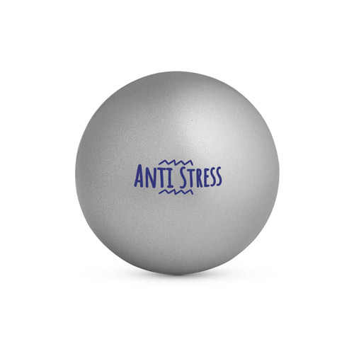 Pelota antiestrés gris con la inscripción ANTI STRESS en azul