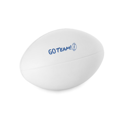 Balón antiestrés blanco con la inscripción Go Team! en azul para animar a un equipo deportivo
