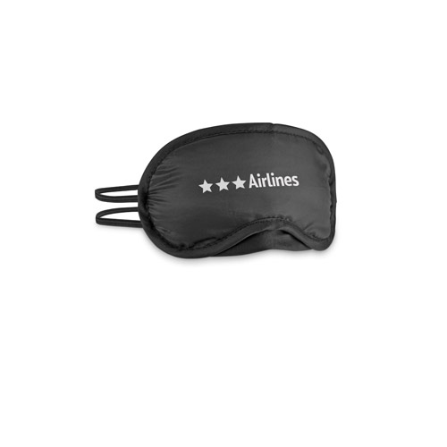 Antifaz de viaje negro con el texto Airlines y tres estrellas delanteras