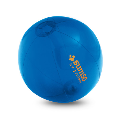 Pelota hinchable azul con la inscripción sun50 uv protect