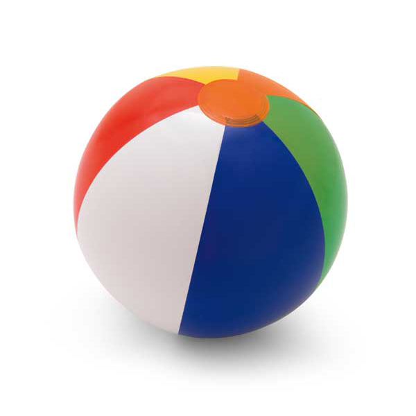 pelota de playa inflable con paneles rojos, amarillos, verdes, azules y blancos sobre fondo blanco