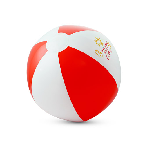Pelota hinchable de playa blanca y roja con iconos veraniegos.