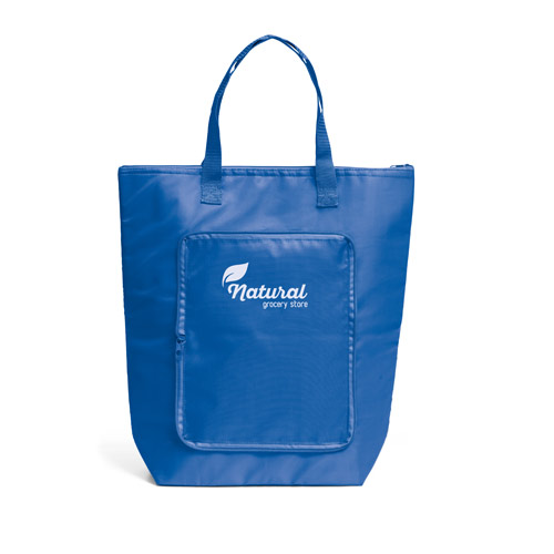 Bolsa reutilizable azul con bolsillo frontal y logotipo Natural grocery store