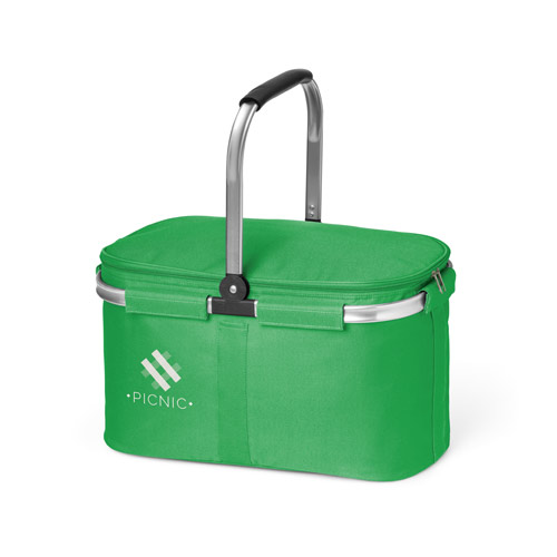 cesta de picnic verde con asa de aluminio y forro aislante con el logo Picnic