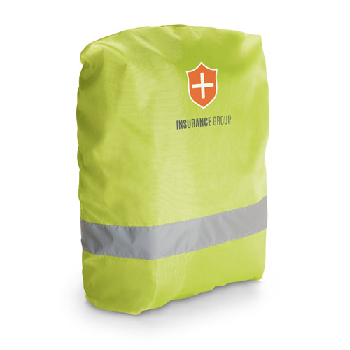 Funda impermeable reflectante de color amarillo con logo de Insurance Group para proteger mochilas