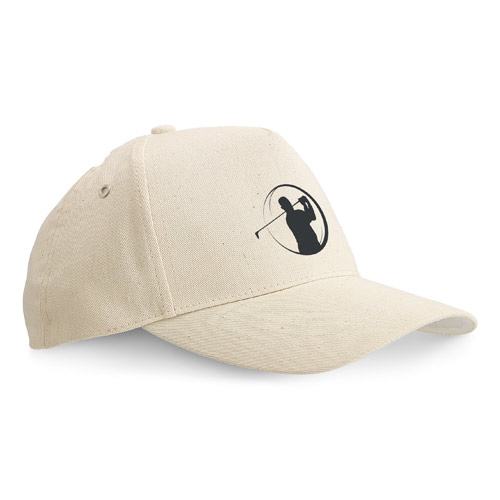 Gorra beige de algodón con logotipo en negro de un golfista en pleno swing