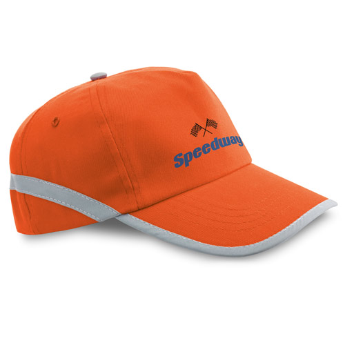 Gorra de béisbol naranja con logotipo Speedway y bandas reflectantes grises.