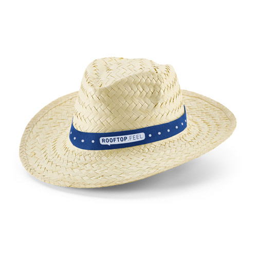 Sombrero de paja con cinta azul y el texto Rooftop Feel