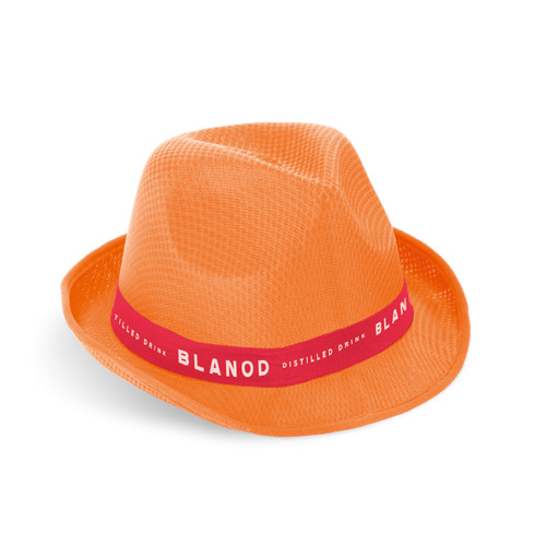 Sombrero fedora naranja con cinta roja y texto BLANOD Distilled Drink