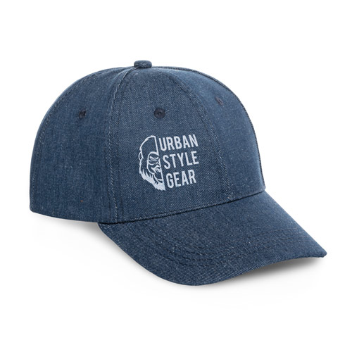 Gorra estilo béisbol de tela vaquera azul con logo Urban Style Gear en blanco.
