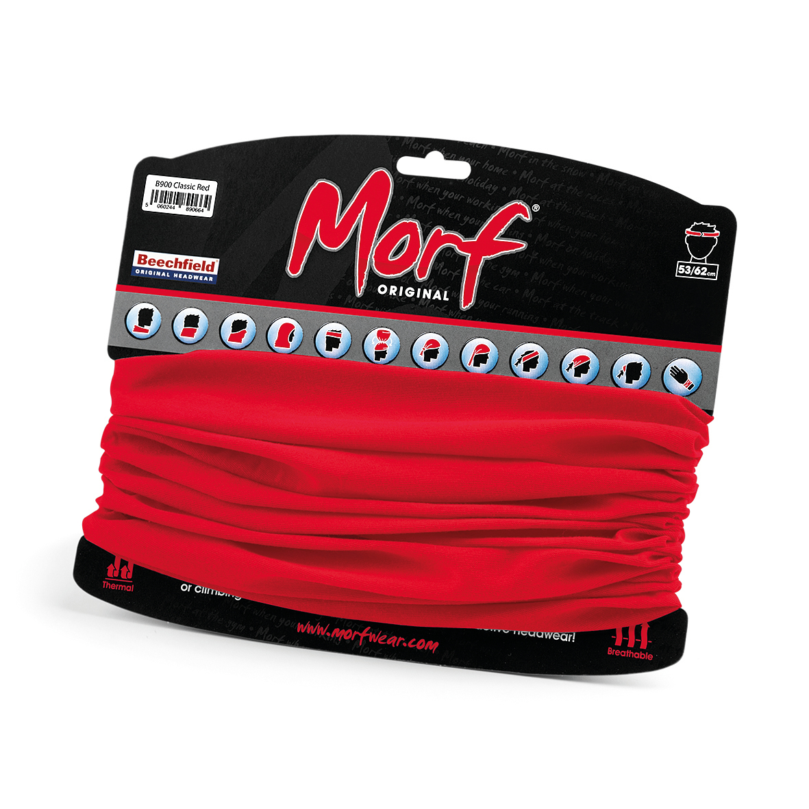Tubular multifuncional Morf Original rojo con embalaje de cartón que muestra sus distintos usos como braga, cinta o pasamontañas
