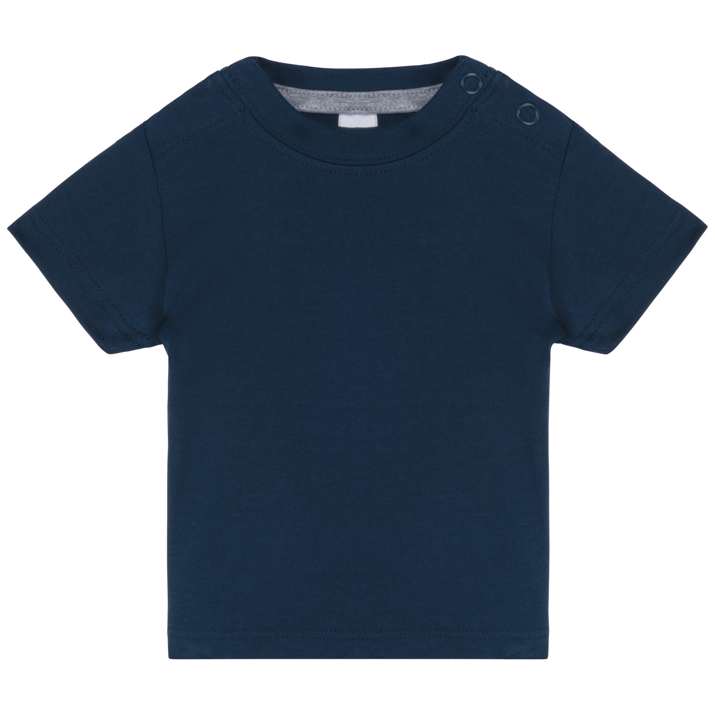 camiseta azul marino de bebé con botones en el hombro sobre fondo blanco