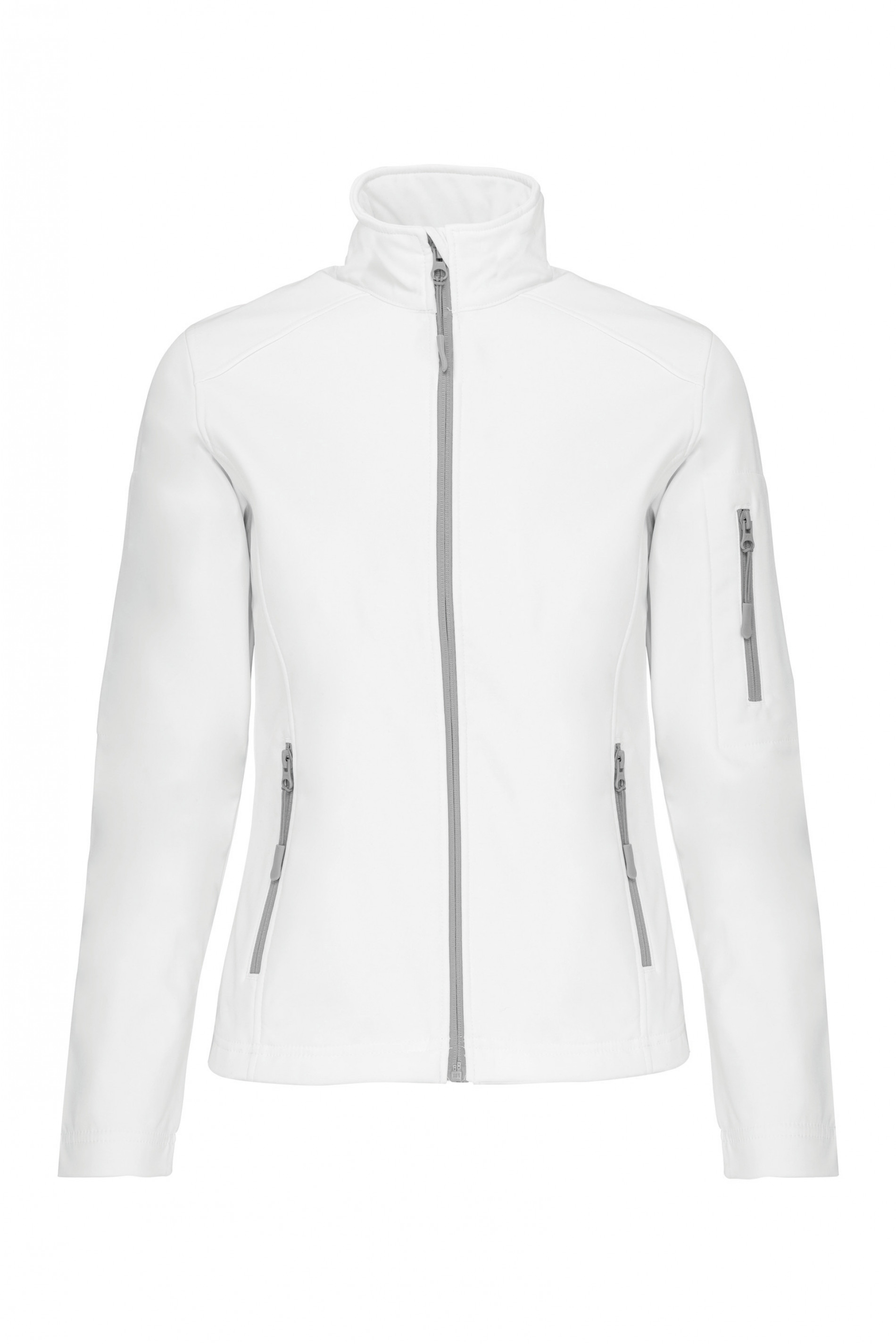 Chaqueta softshell blanca de manga larga con cremallera frontal y bolsillos laterales y en manga.