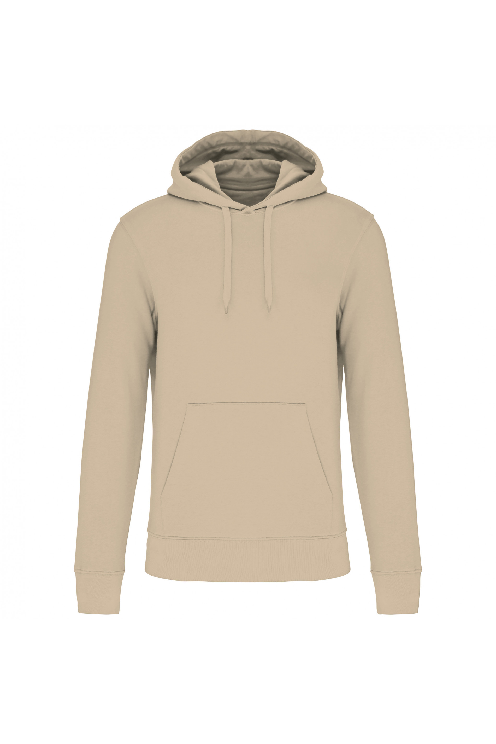 Sudadera con capucha beige lisa con bolsillo frontal sobre fondo blanco