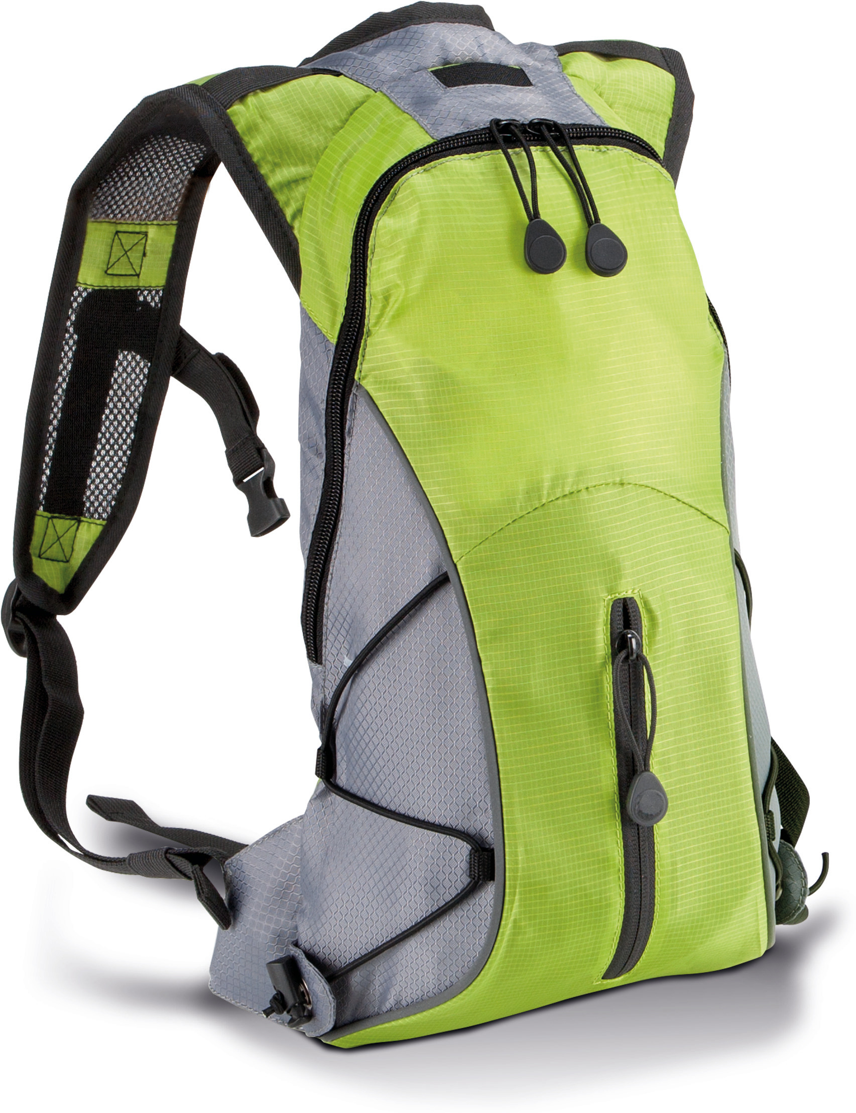 Mochila ligera de hidratación unisex en tonos verde y gris con un solo tirante y bolsillos delanteros.