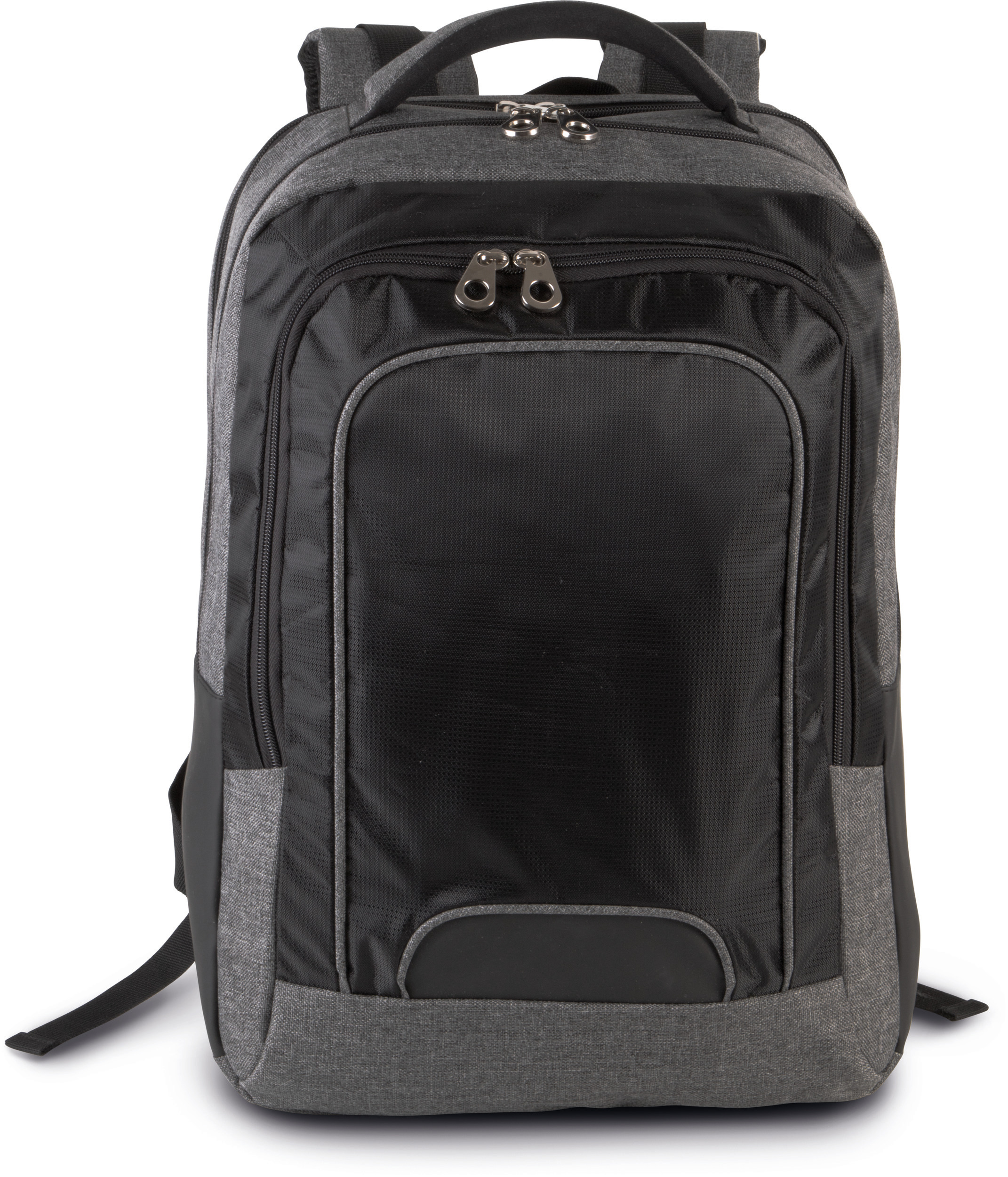 Mochila negra y gris para portátil con varios compartimentos delanteros y asas de mano.