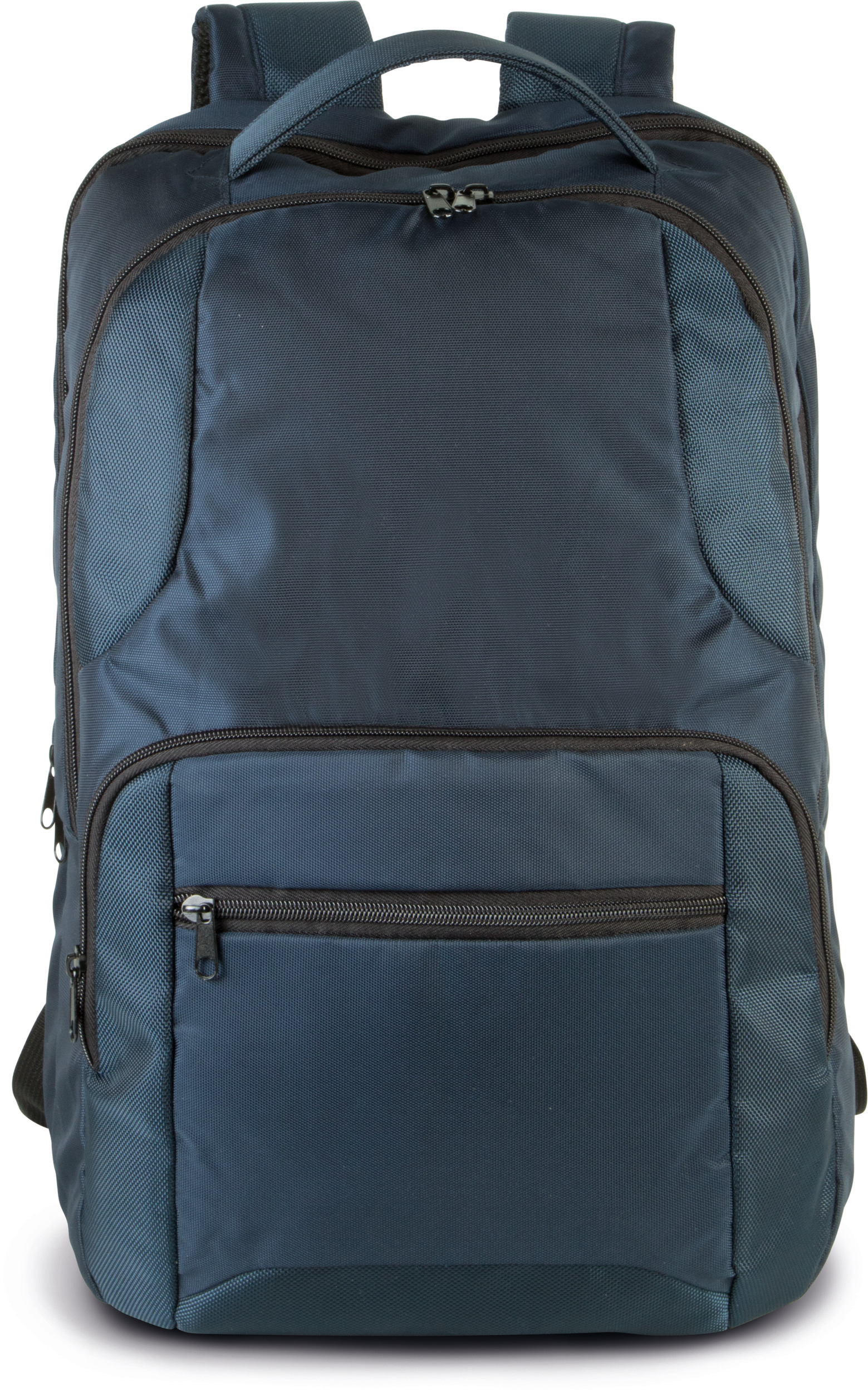mochila azul oscuro con varios bolsillos delanteros y asas acolchadas