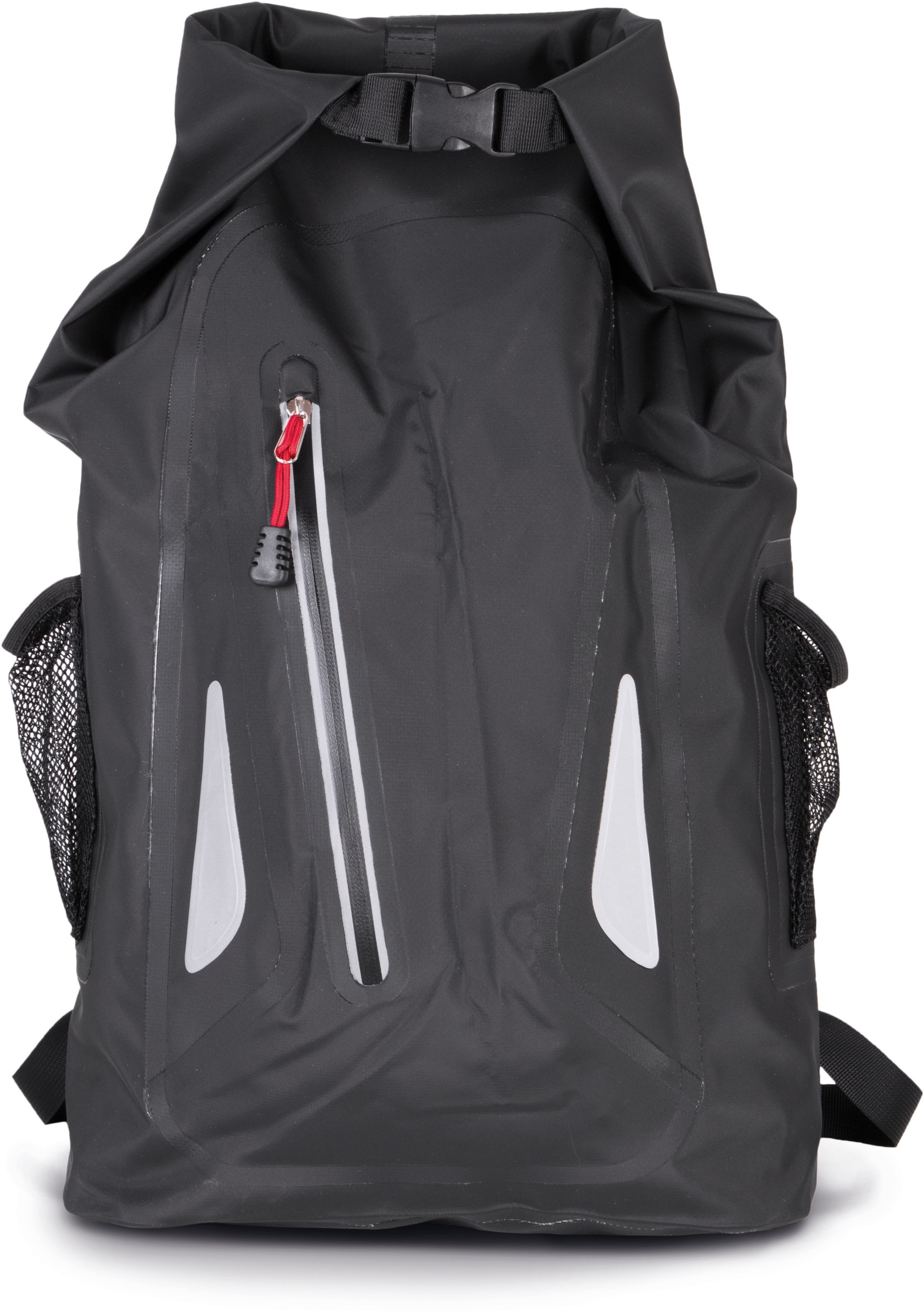 Mochila impermeable negra con cierre enrollable, bolsillo frontal y bolsillos laterales de malla