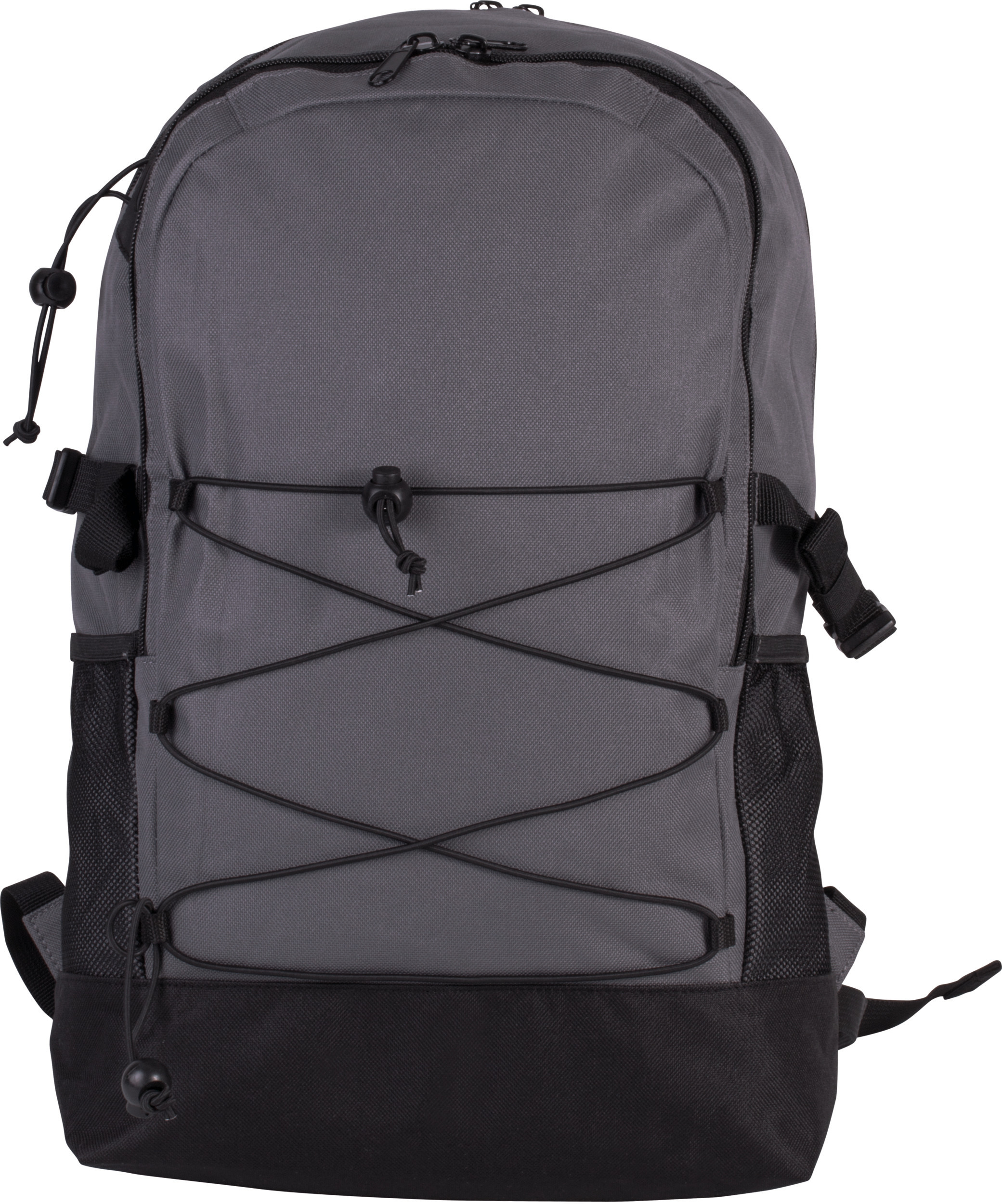 Mochila gris y negra con cierre de cremallera, bolsillos laterales de malla y cordones elásticos frontales.
