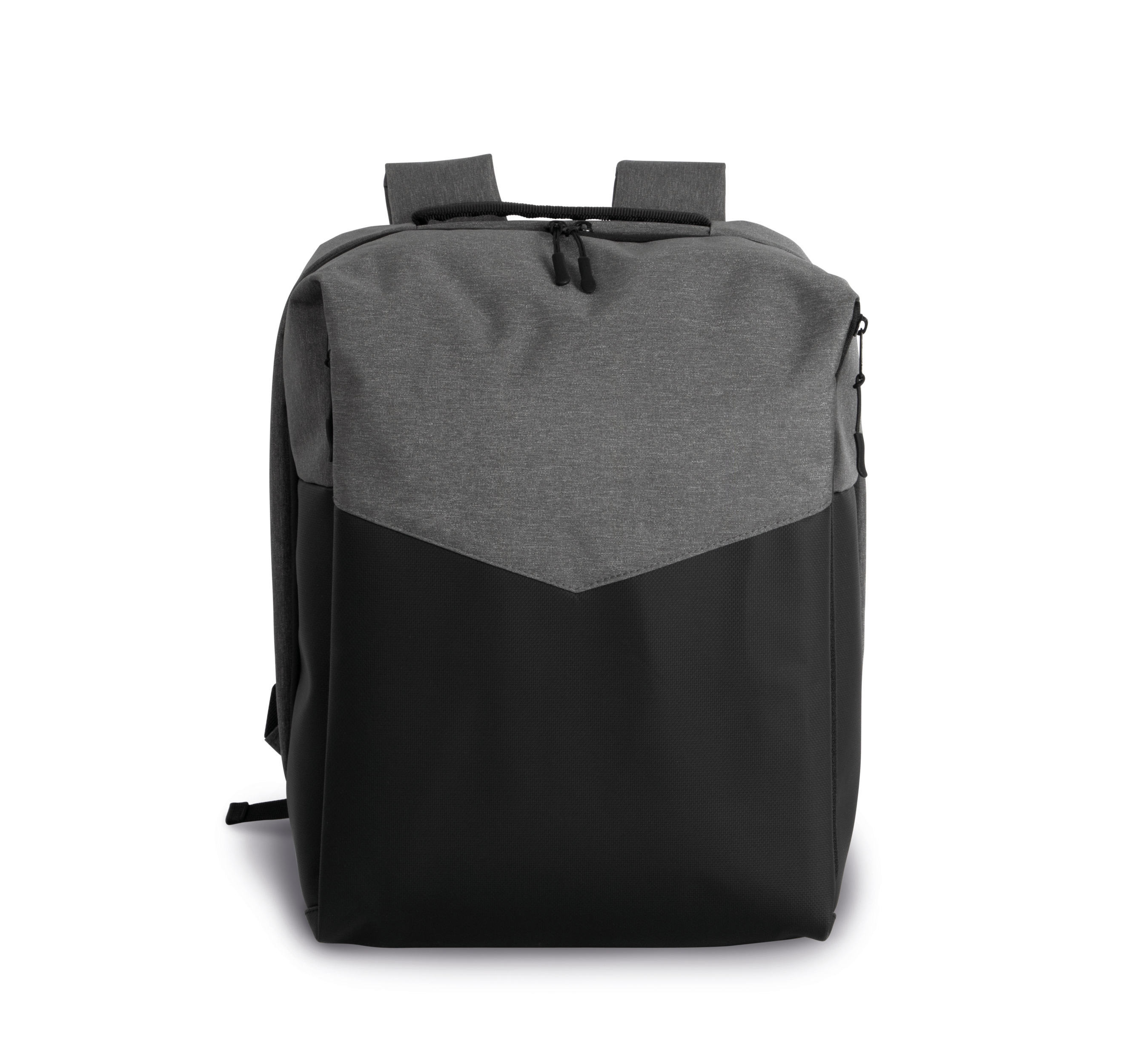mochila urbana gris y negra con compartimento superior cerrado por cremallera