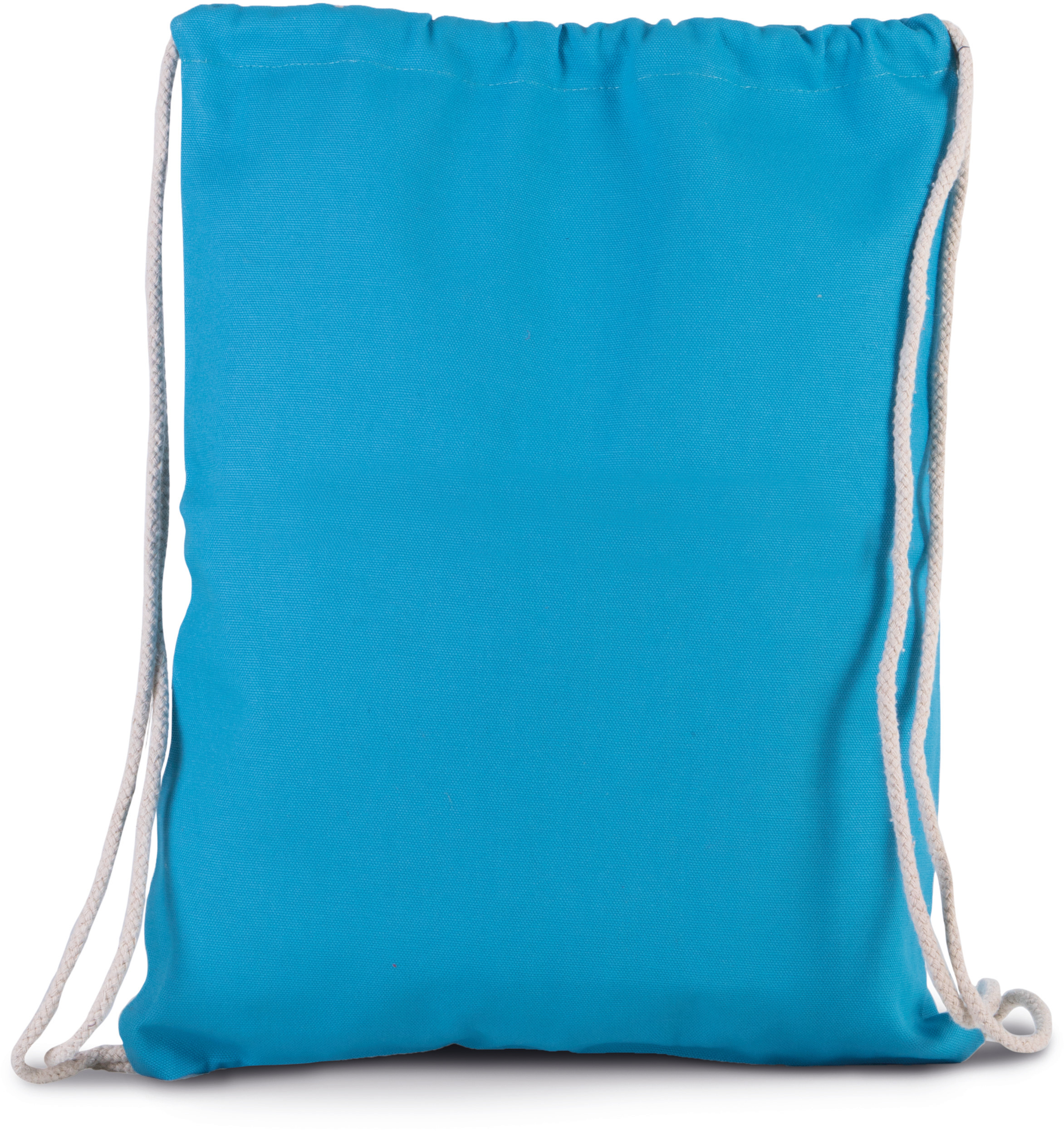 mochila saco azul con cordones blancos sobre fondo blanco