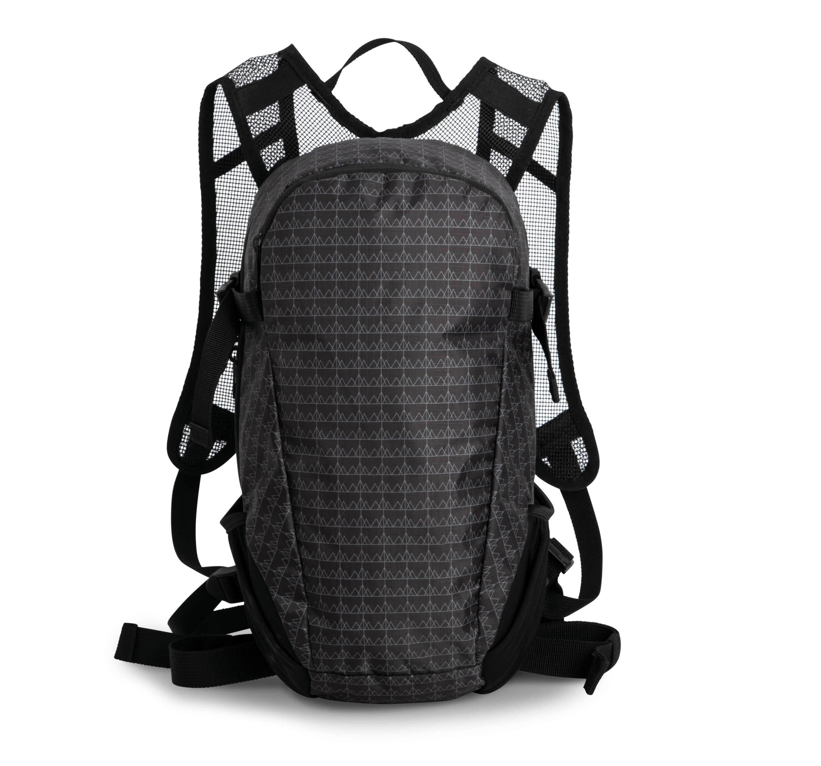 Mochila de hidratación negra con compartimento principal y tirantes de malla ventilada