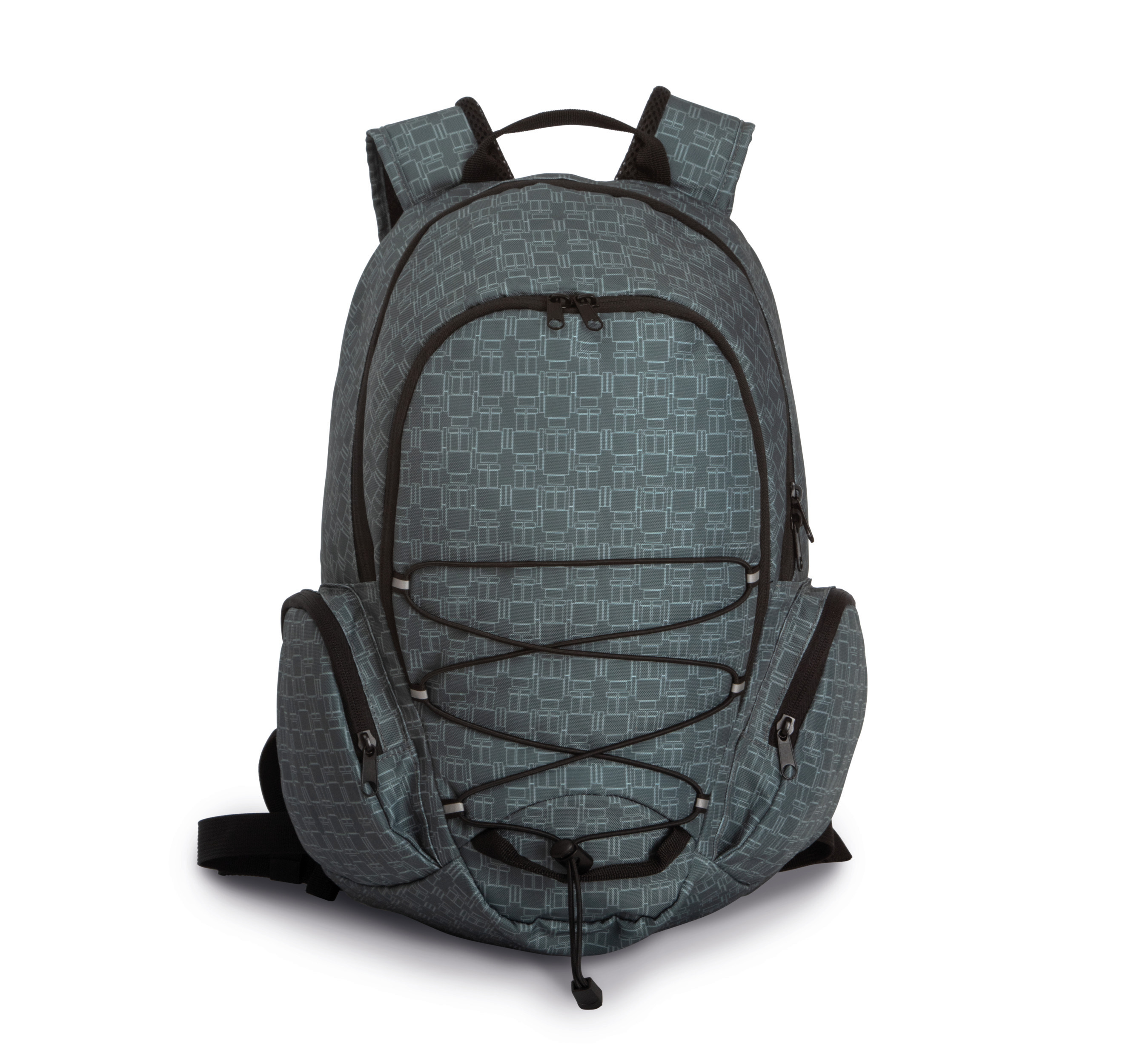 mochila deportiva gris con estampado de cuadrados, bolsillos laterales y cordón elástico frontal sobre fondo blanco
