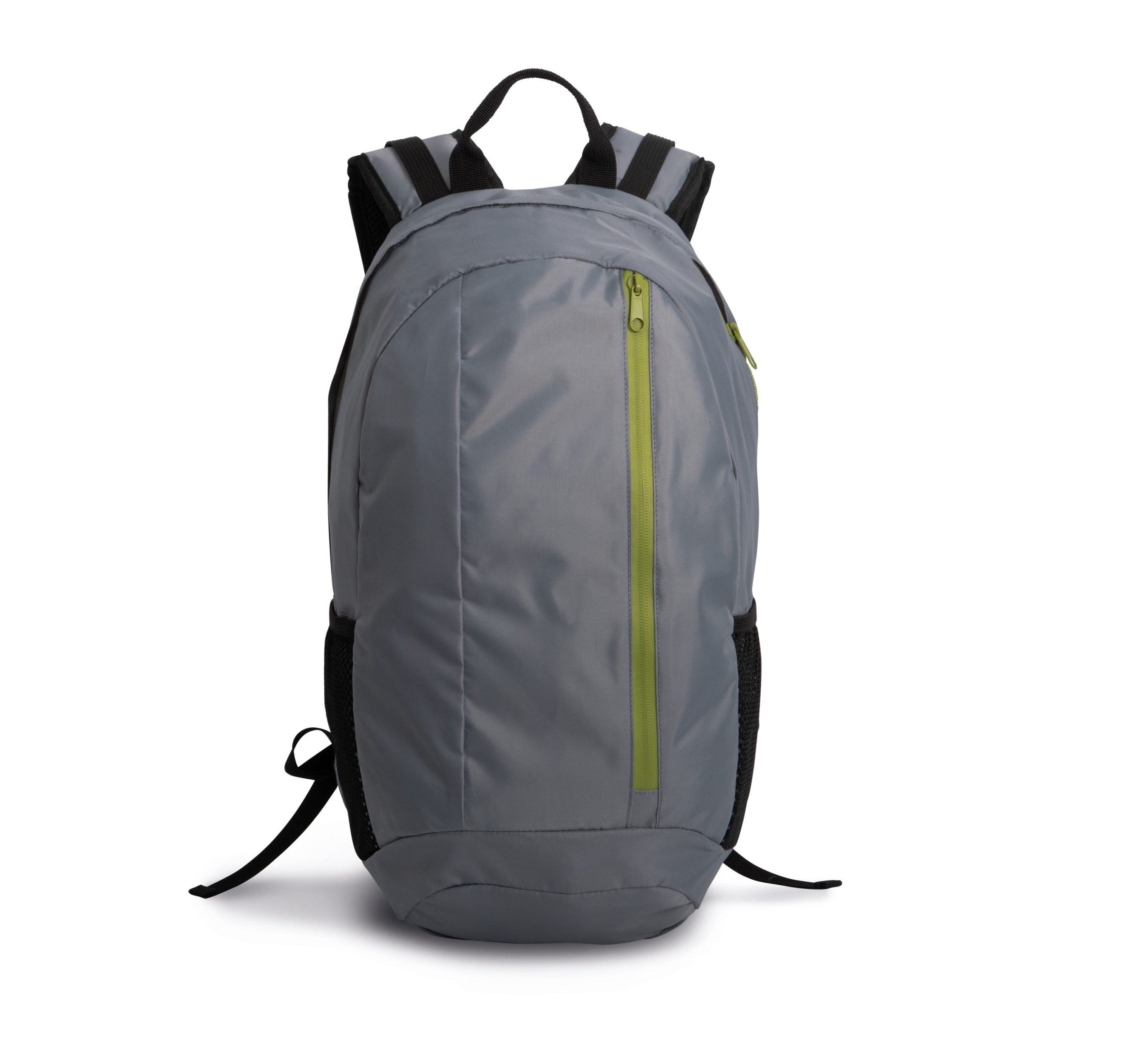 mochila urbana gris con cremallera vertical verde y bolsillos laterales de malla
