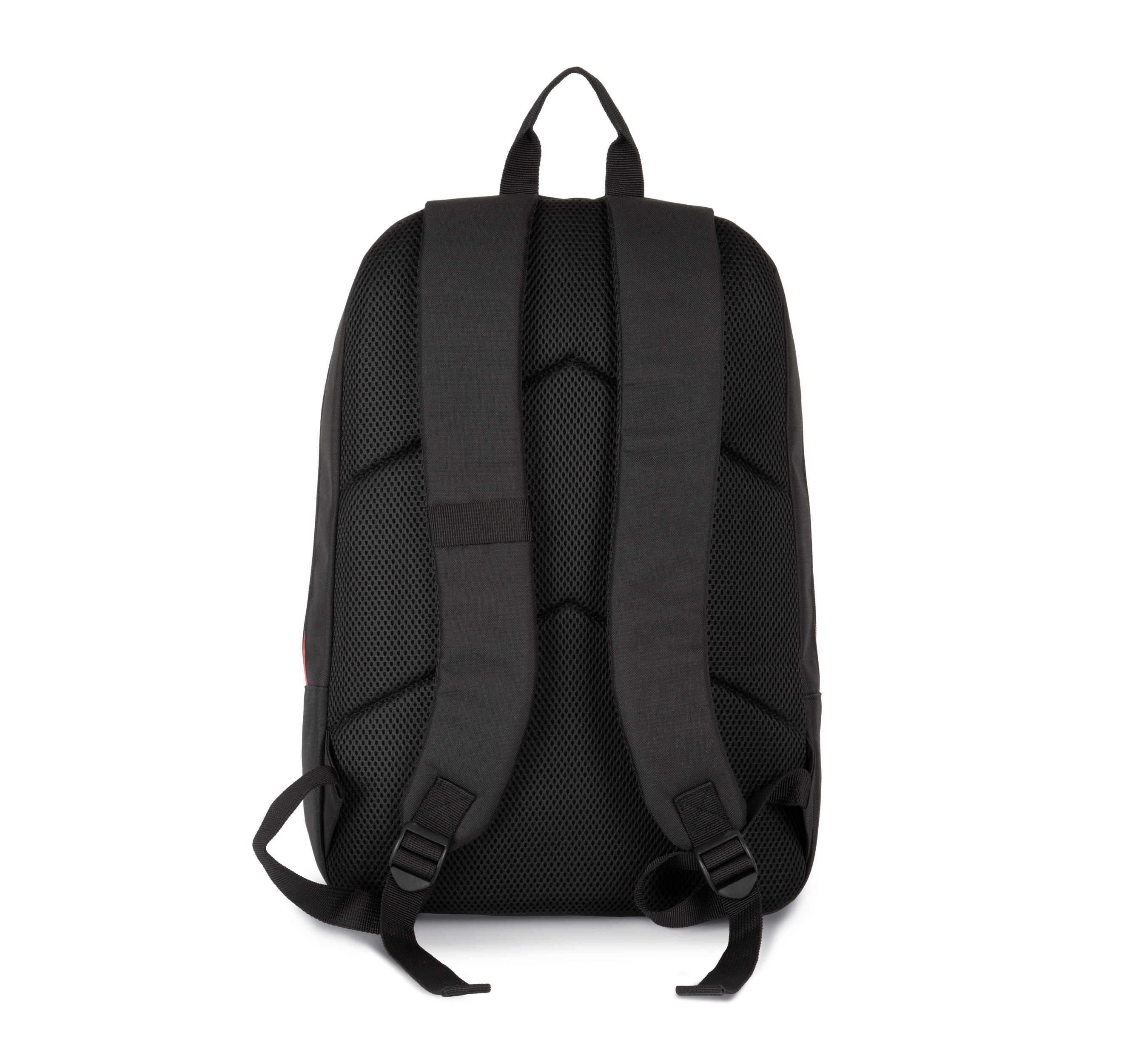 mochila negra vista por detrás con tirantes acolchados y respaldo de malla transpirante
