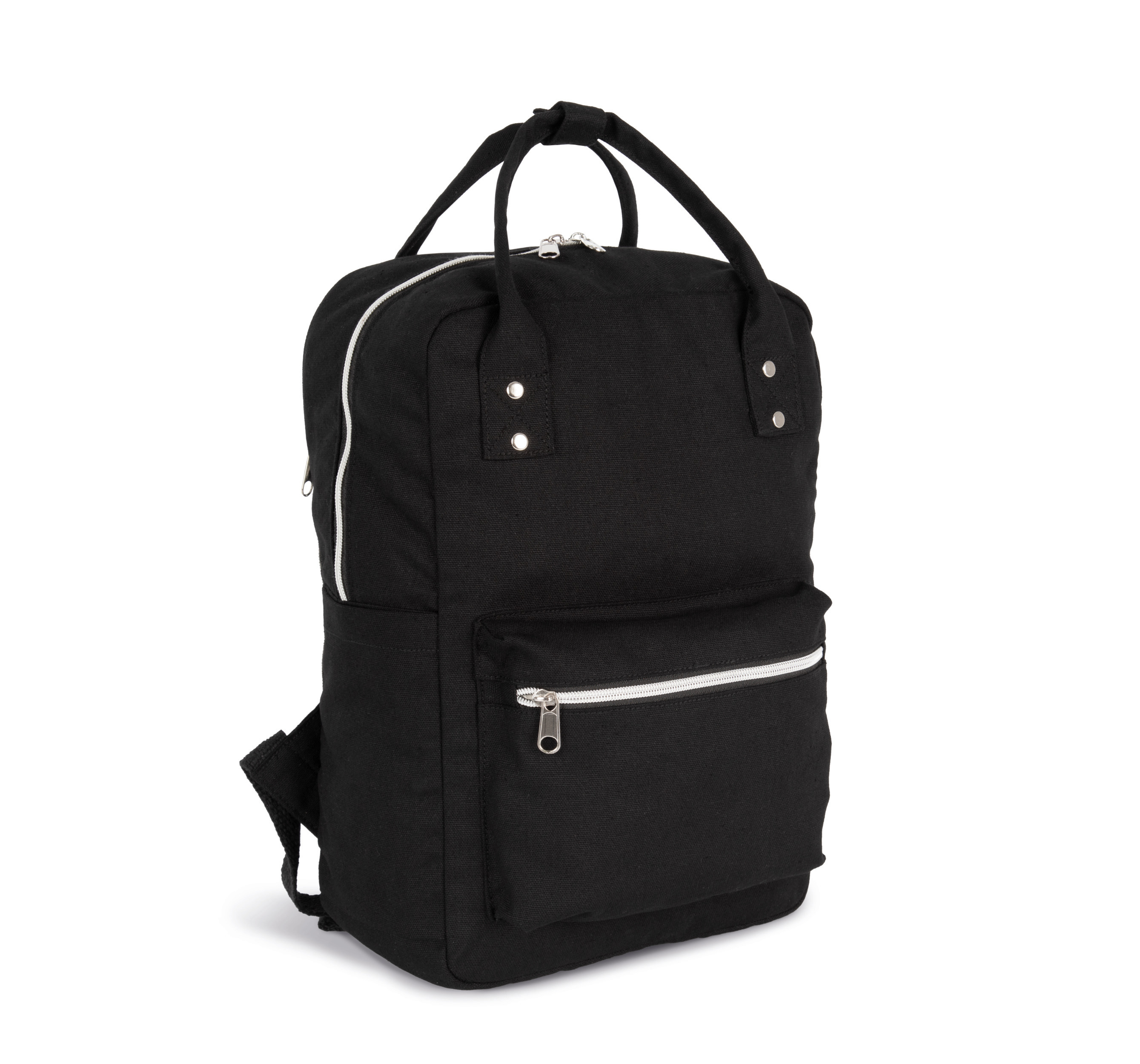 mochila negra de lona con bolsillo frontal y cremallera plateada