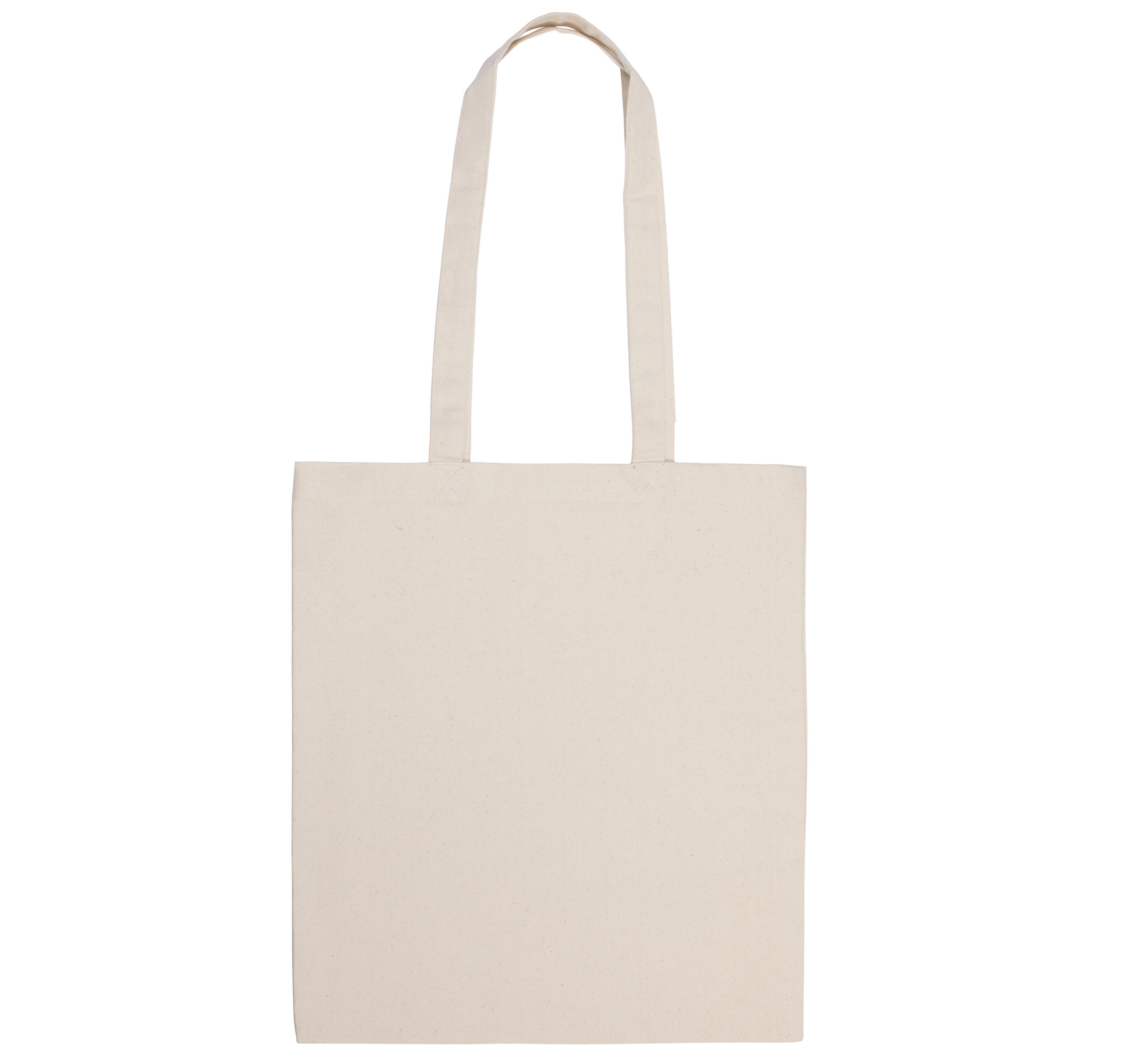 bolsa de tela beige con asas largas sobre fondo blanco
