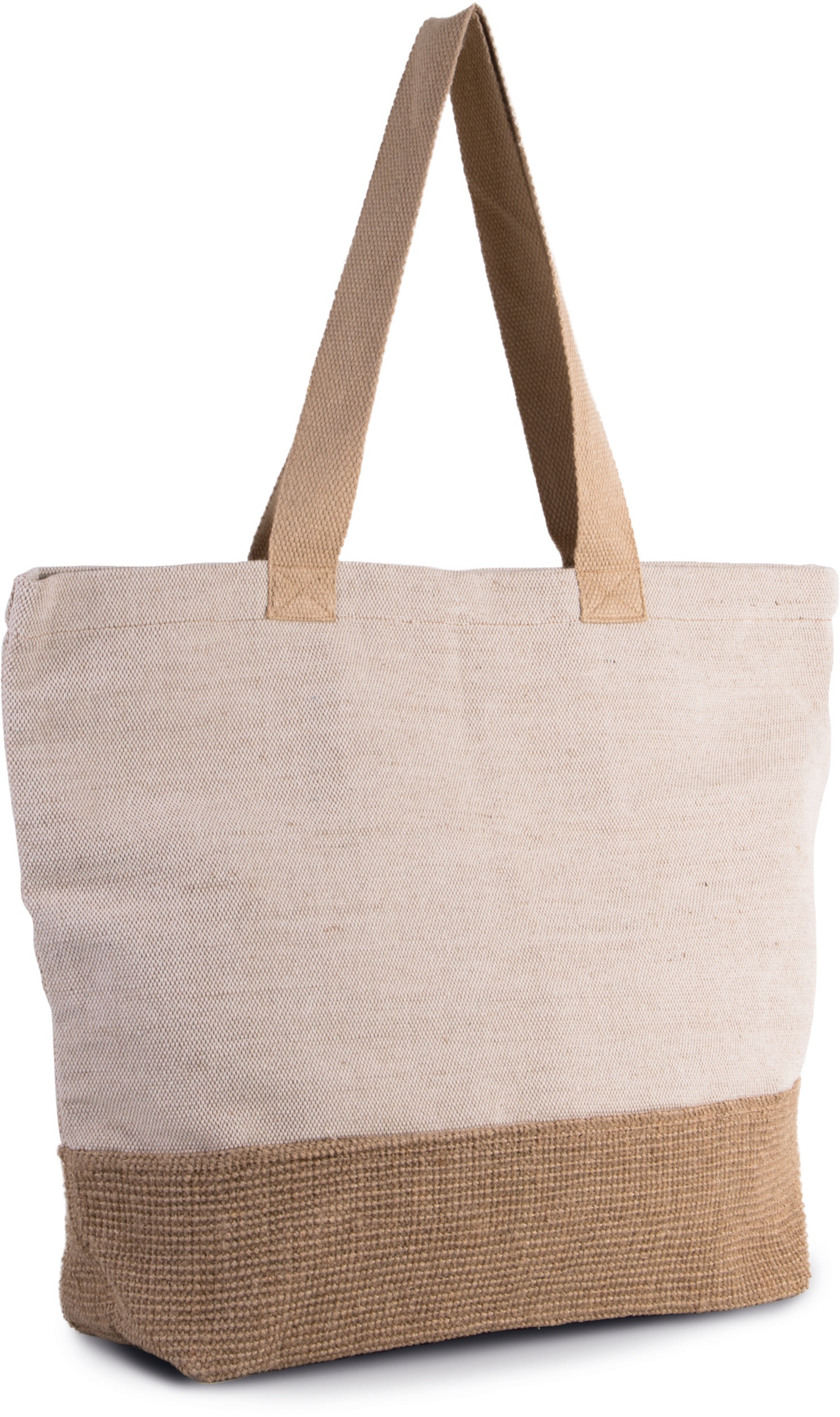 Bolsa de tela tote beige con base y asas marrones.