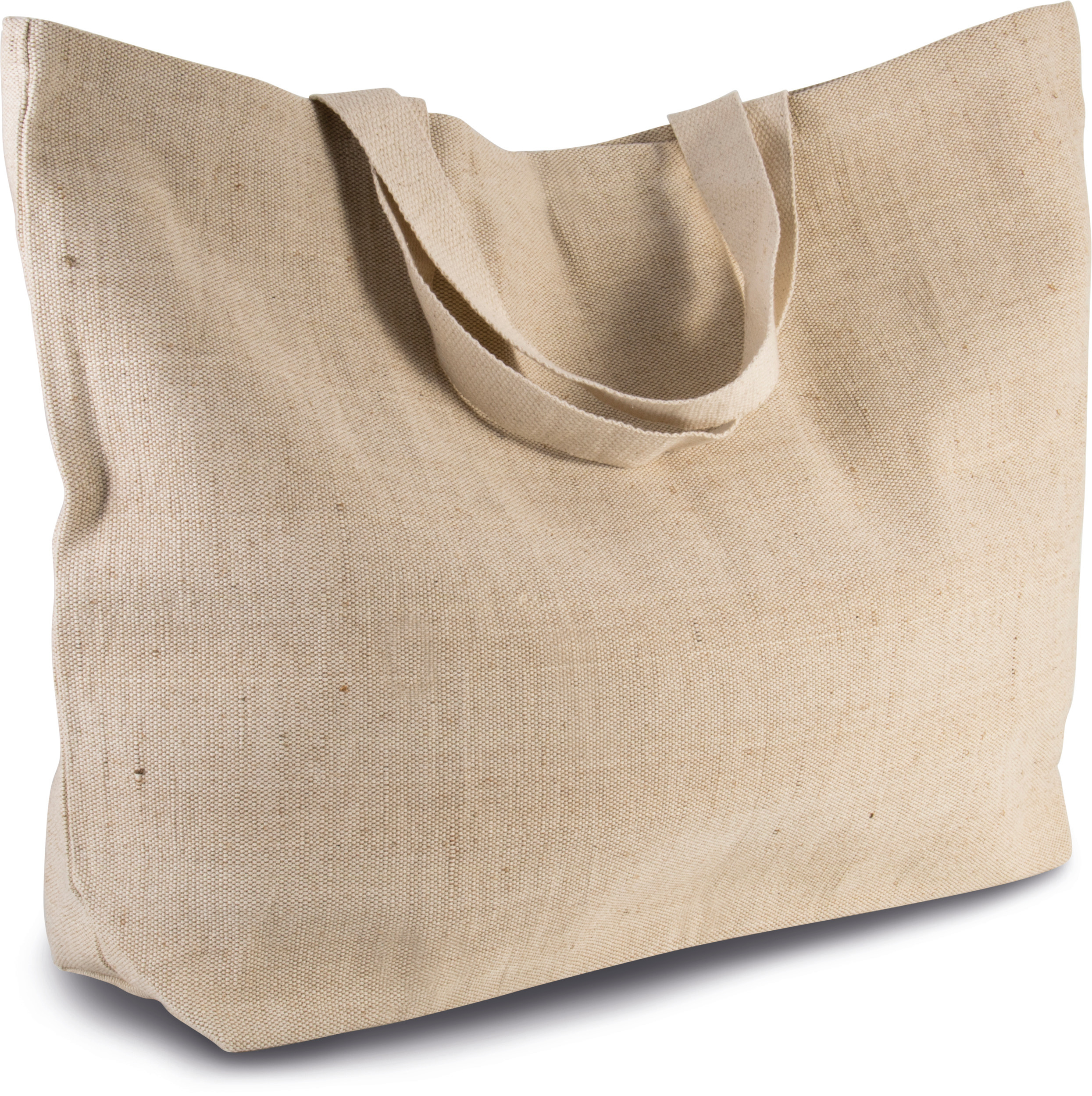 Bolsa tote de lona natural con asas, vacía y sin estampado.