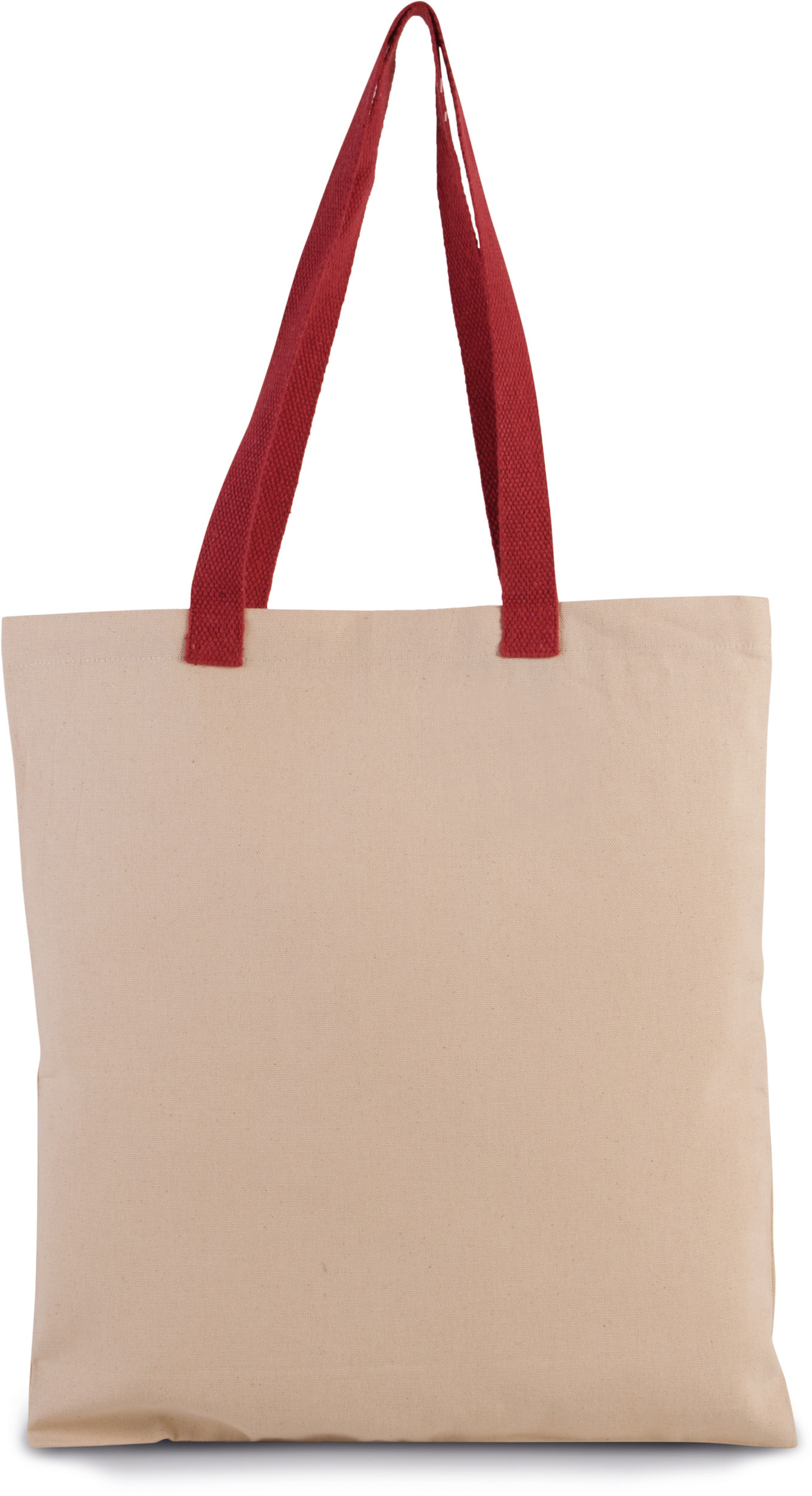 Bolsa de tela beige con asas rojas sobre fondo blanco.