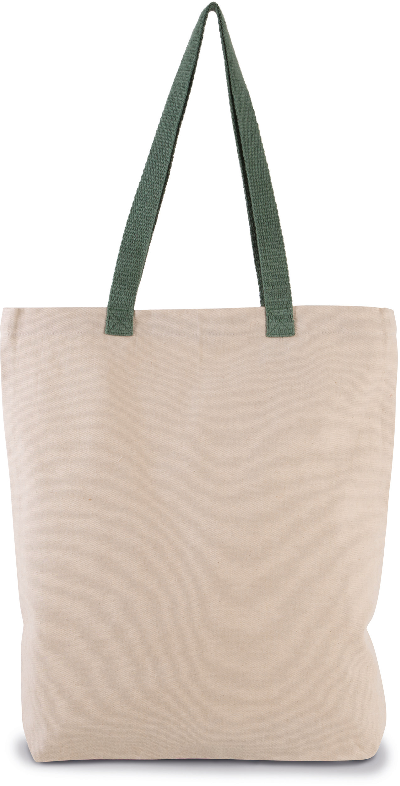 Bolsa tote de lona beige con asas verdes.