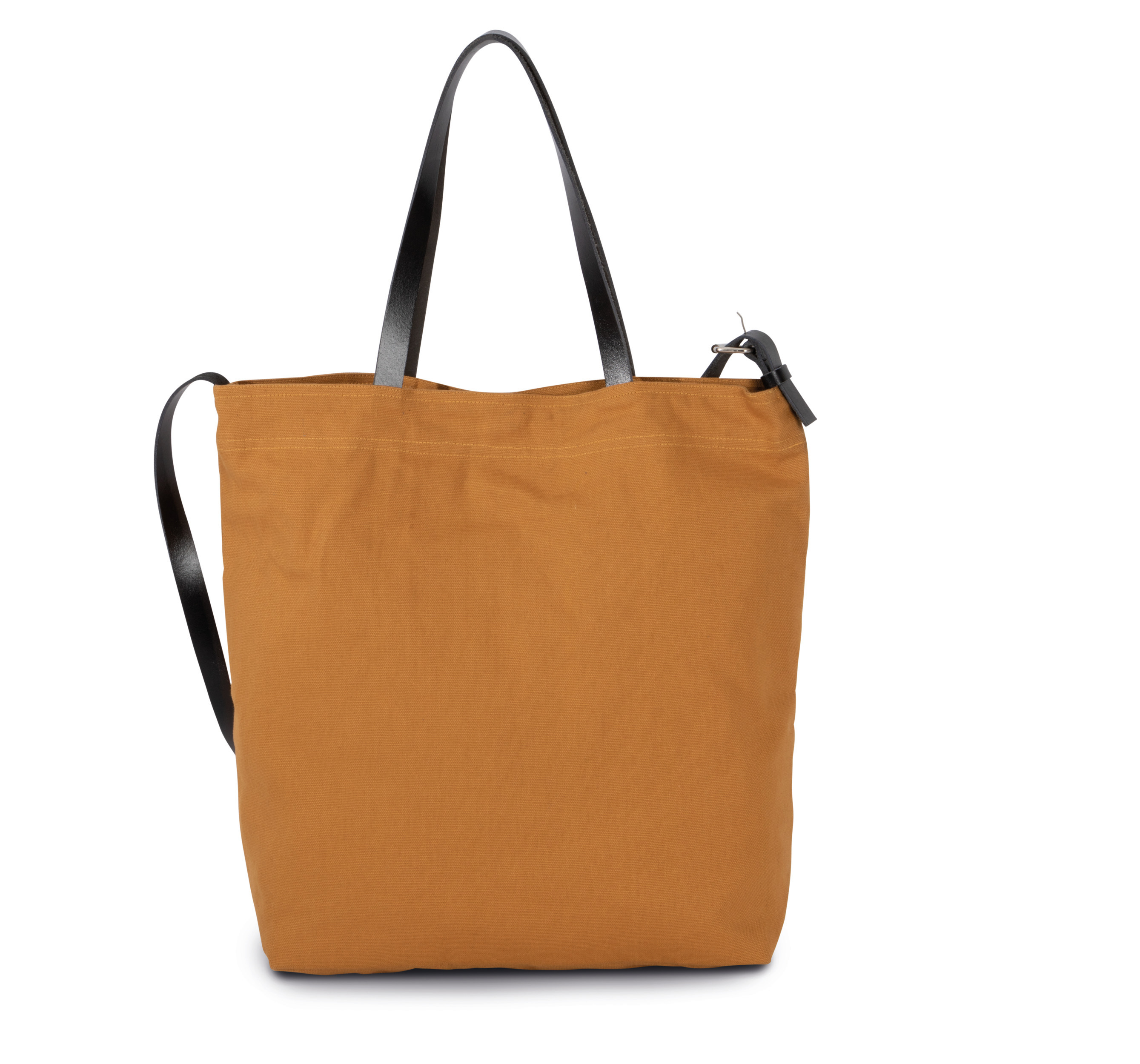 Bolso tote de lona color mostaza con asas de piel negra y correa larga ajustable
