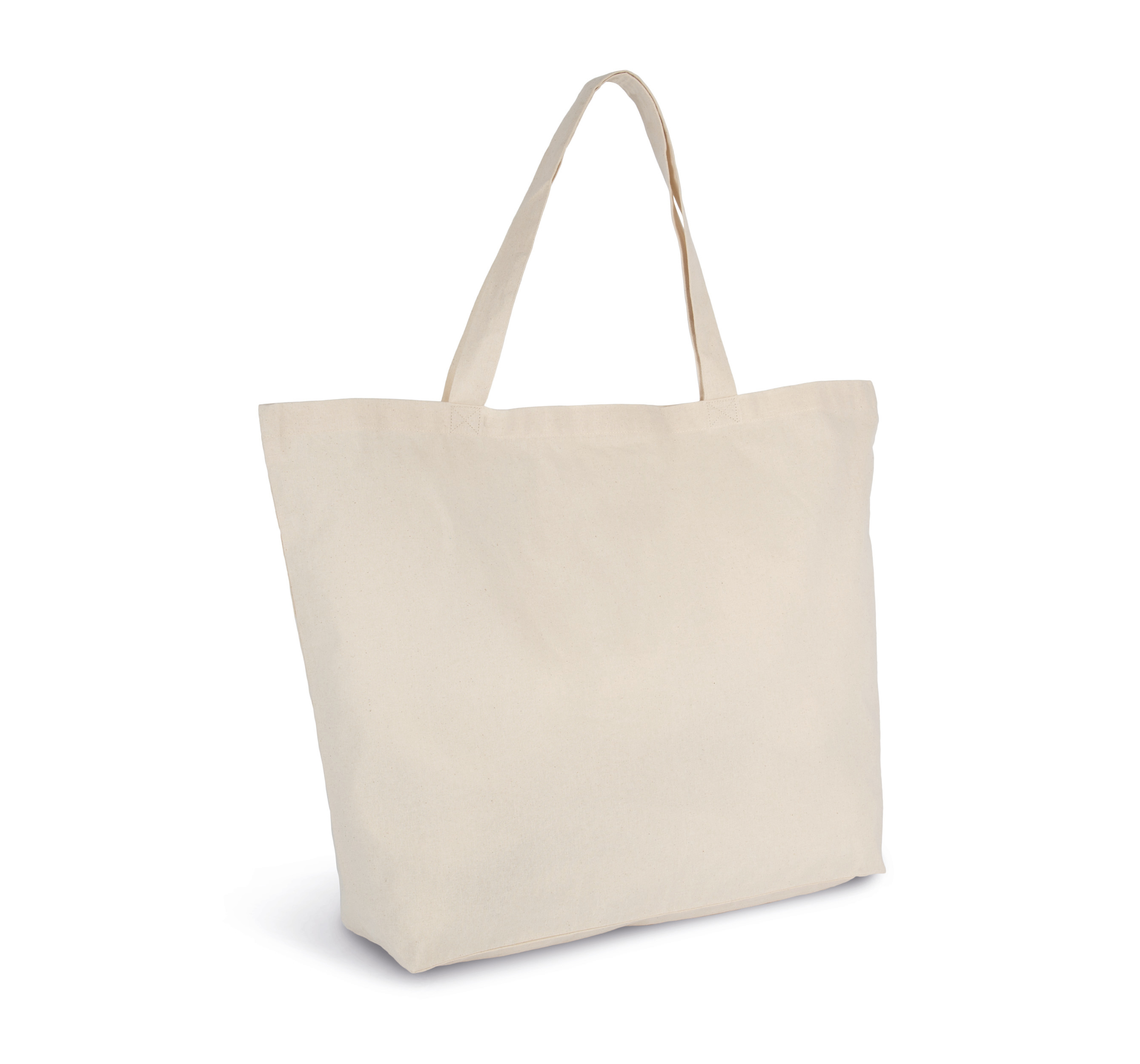Bolsa tote de tela de algodón cruda con asas largas sobre fondo blanco