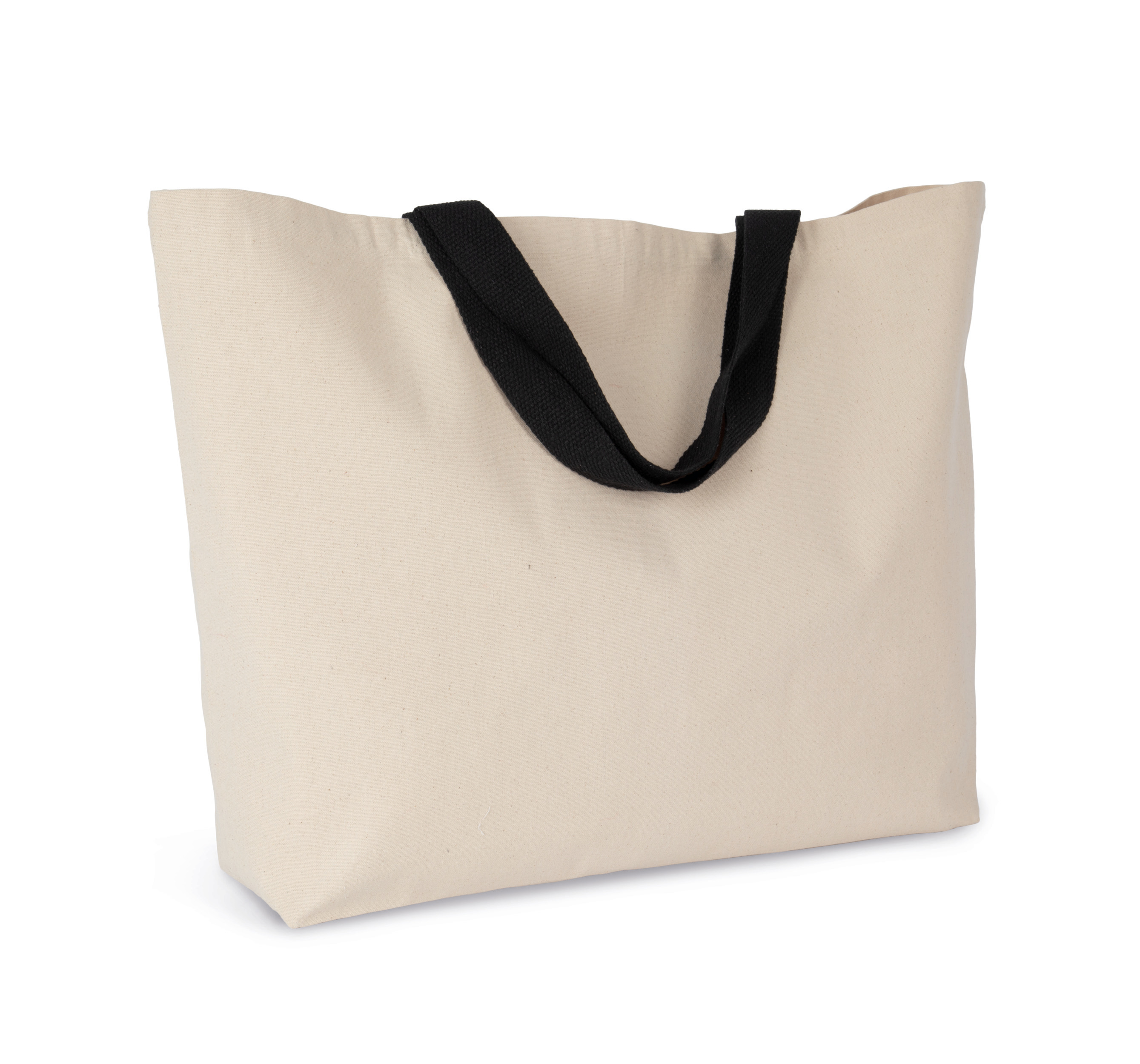 bolsa de lona beige con asas negras sobre fondo blanco