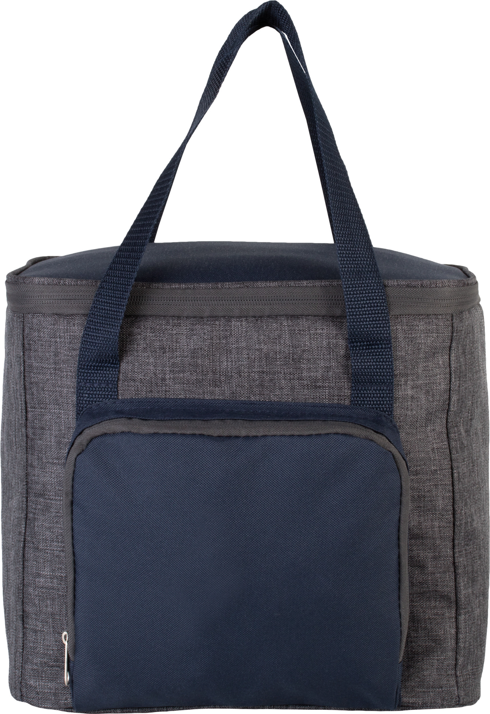 bolsa térmica de tela gris y azul con asas superiores y bolsillo frontal con cremallera
