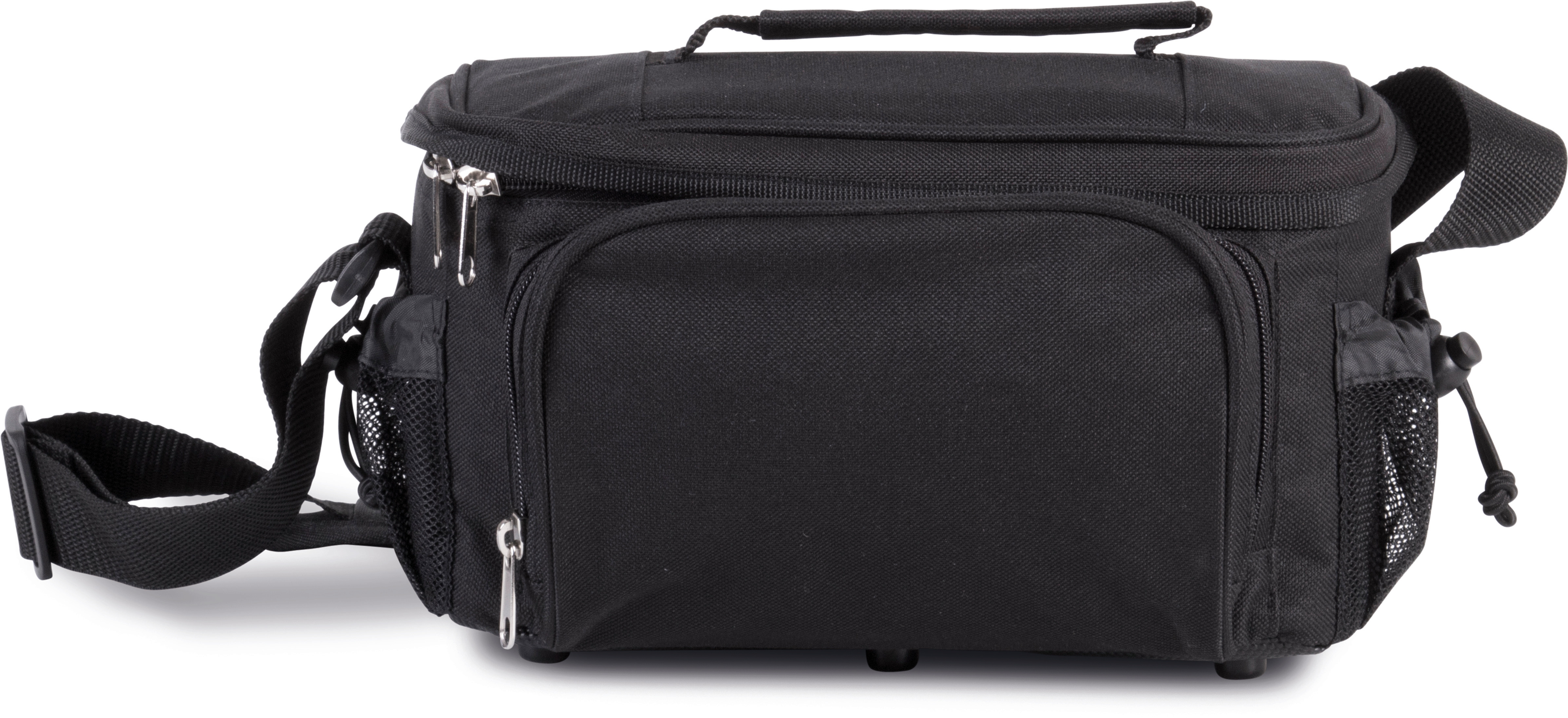 bolsa negra de transporte con múltiples compartimentos y correa ajustable sobre fondo blanco
