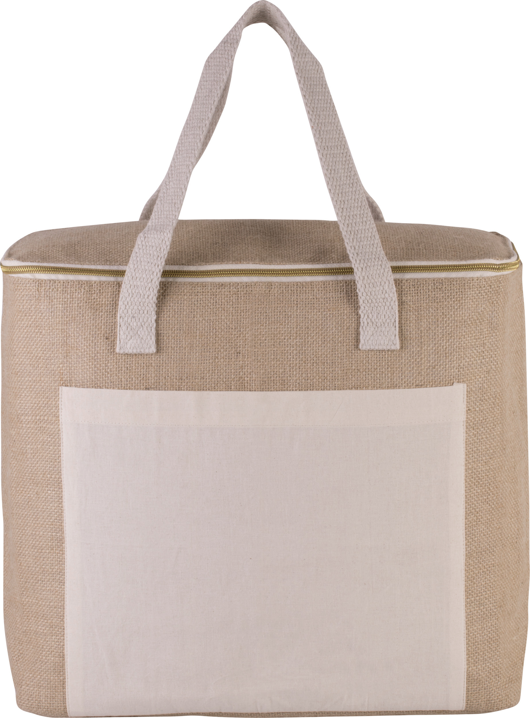 Bolsa isotérmica de yute con cremallera superior, bolsillo frontal y asas de tela beige