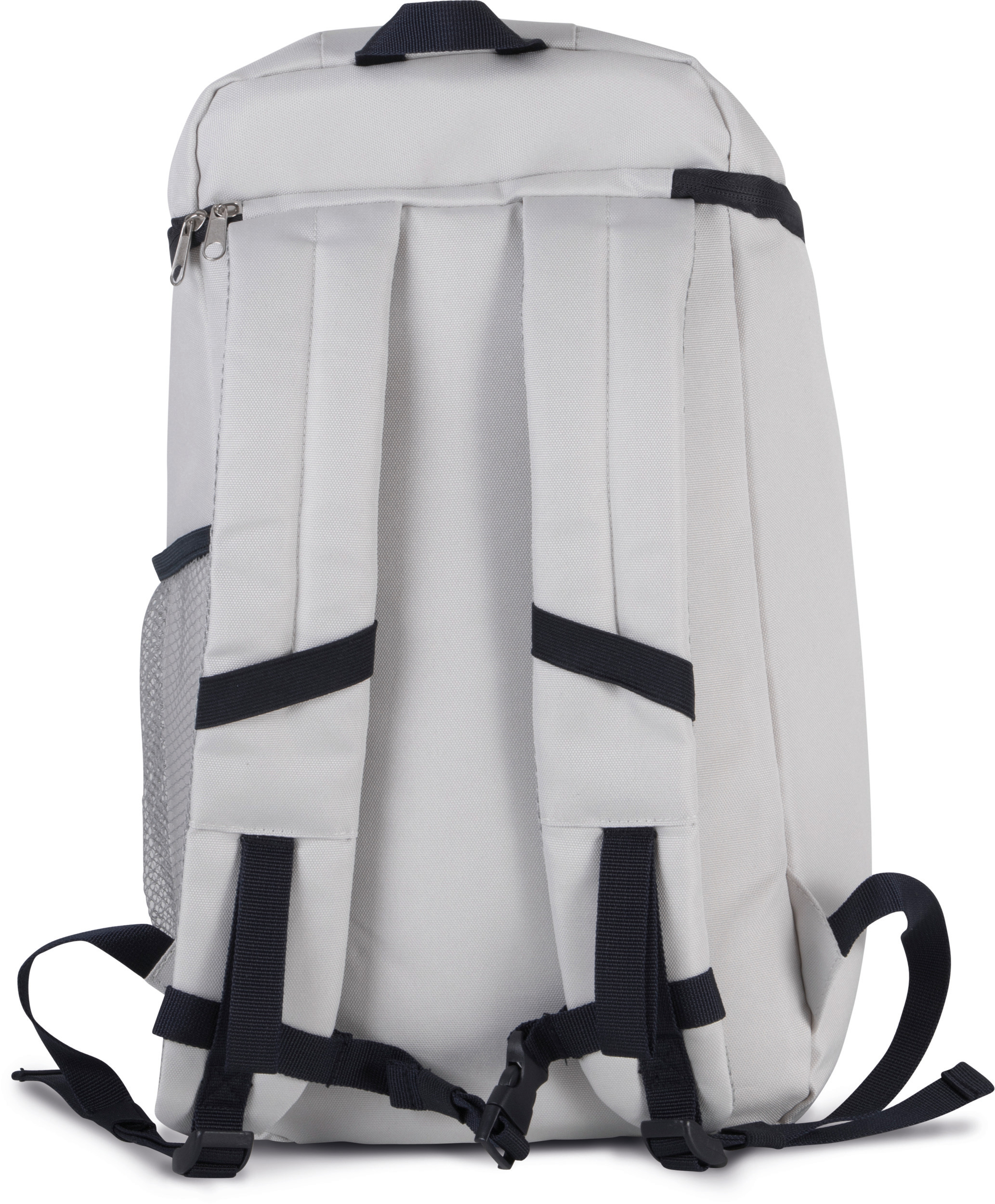 Mochila gris vista por la espalda con correas acolchadas ajustables, bolsillo lateral de malla y hebillas de sujeción.